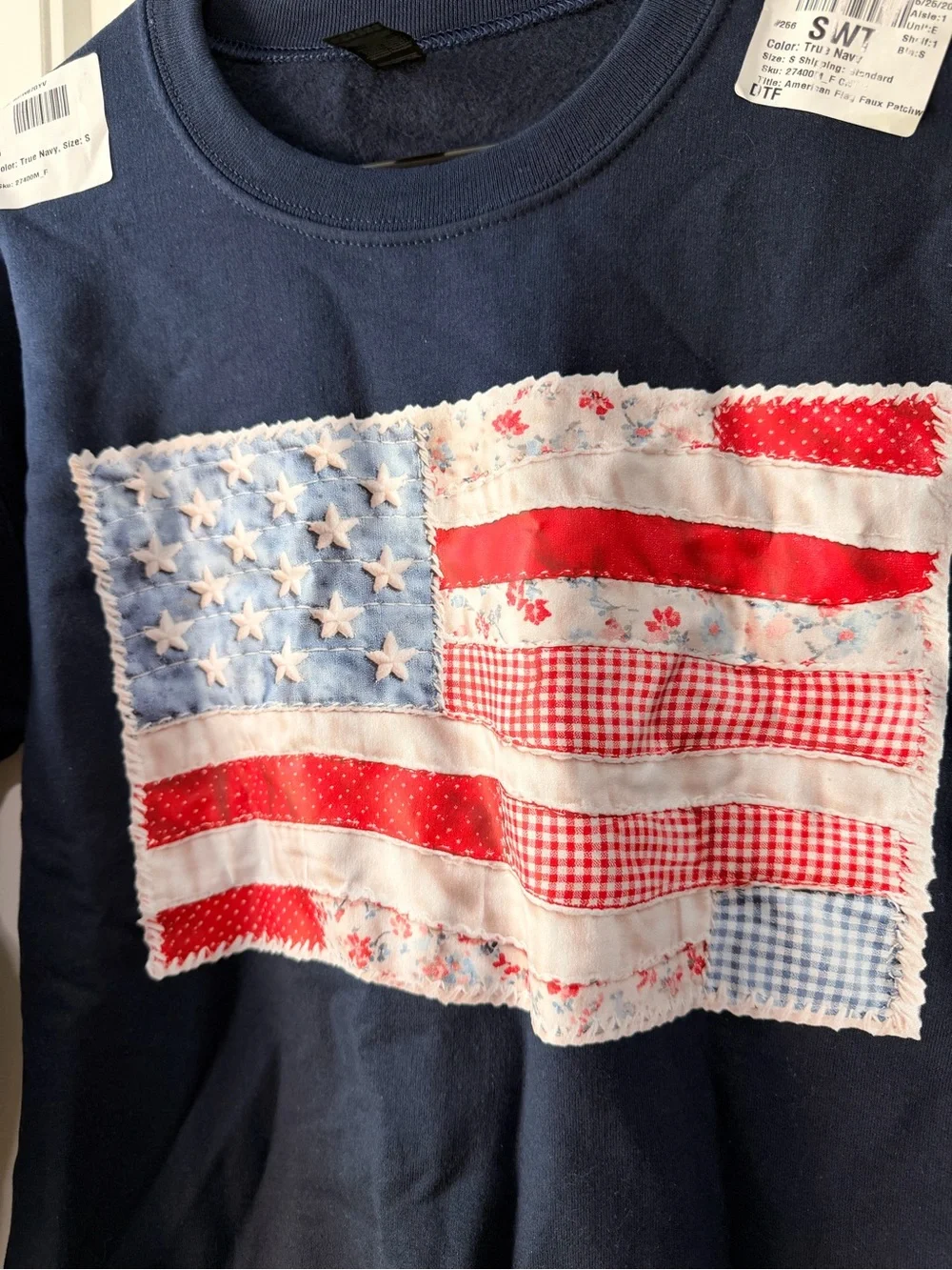 Target Navy Crewneck Sweatshirt with Red, White & Light Blue FAUX Patchwork Flag